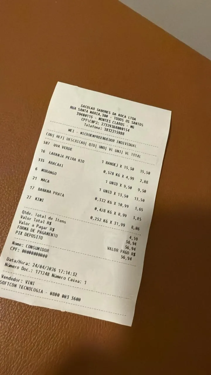Cupom fiscal das frutas — R$56,94